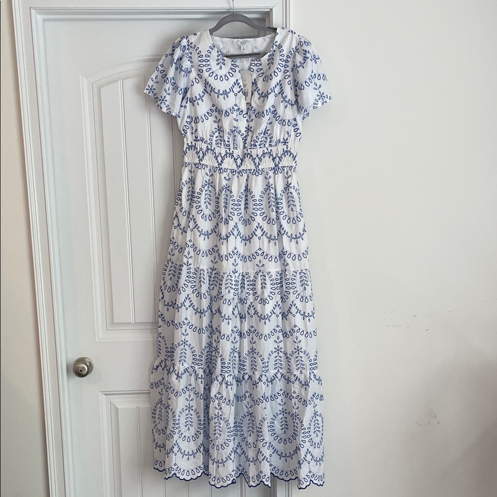 crown & ivy White Maxi Dress with Blue Embroidery